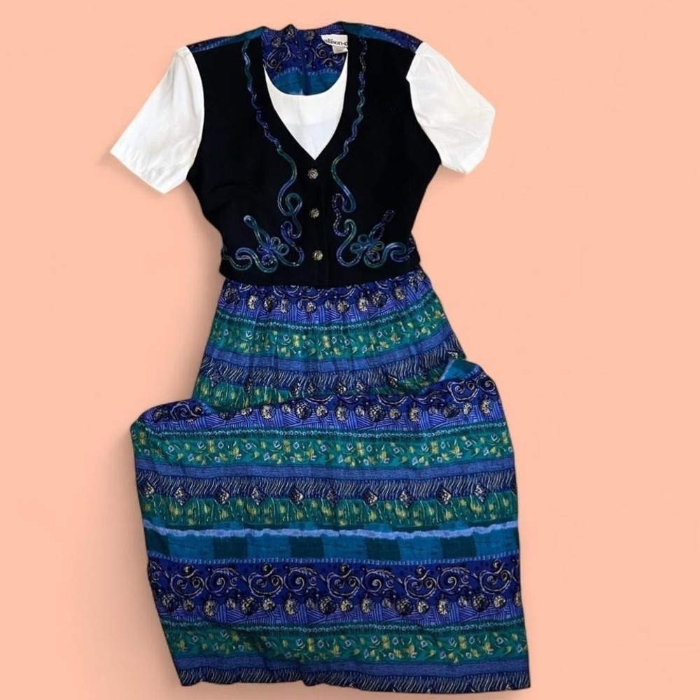 Vintage embroidered funky cottage core boho maxi dress with built-in vest